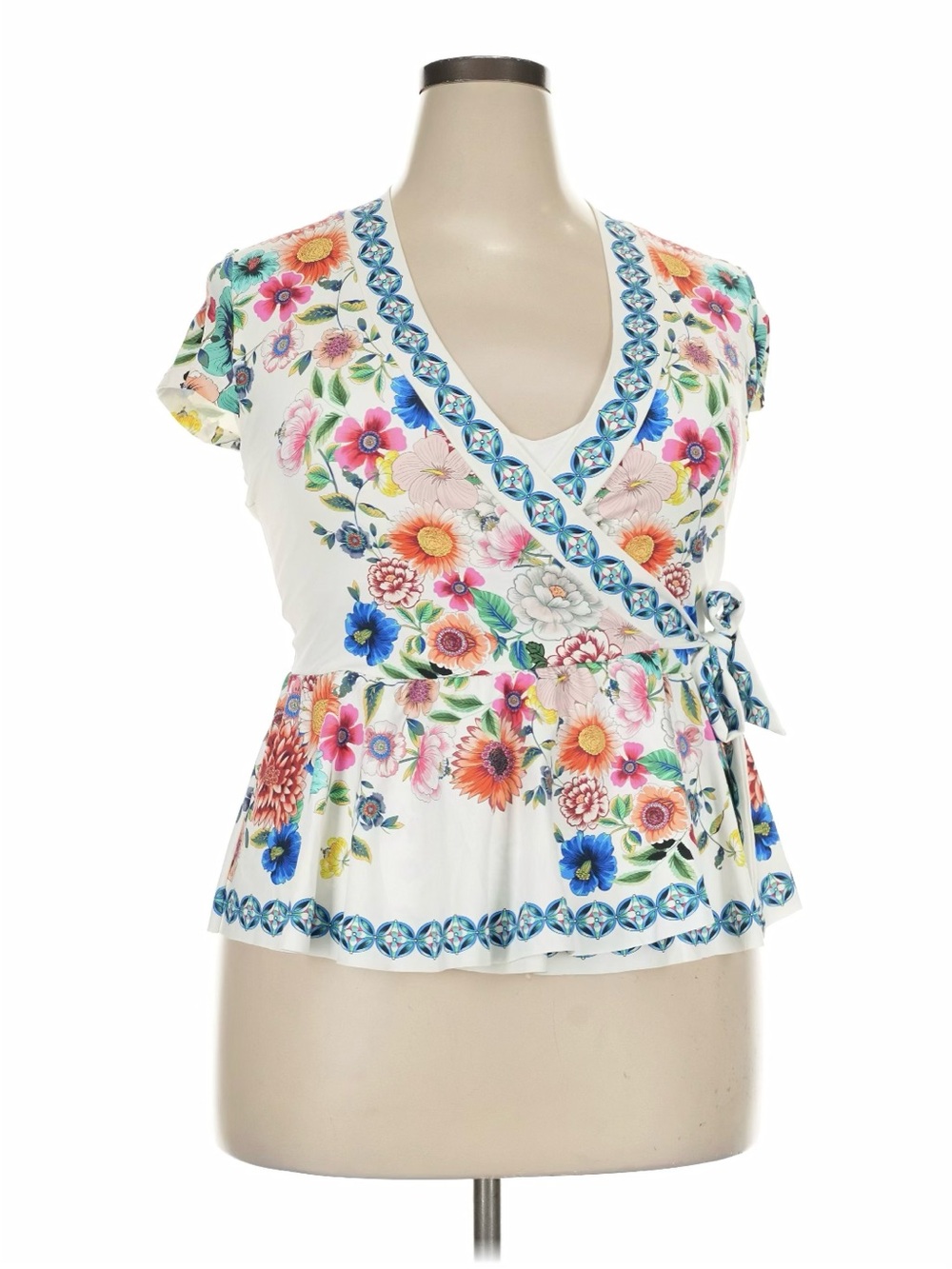 Johnny Was White Floral Wrap Peplum Top with Multicolor Blooms